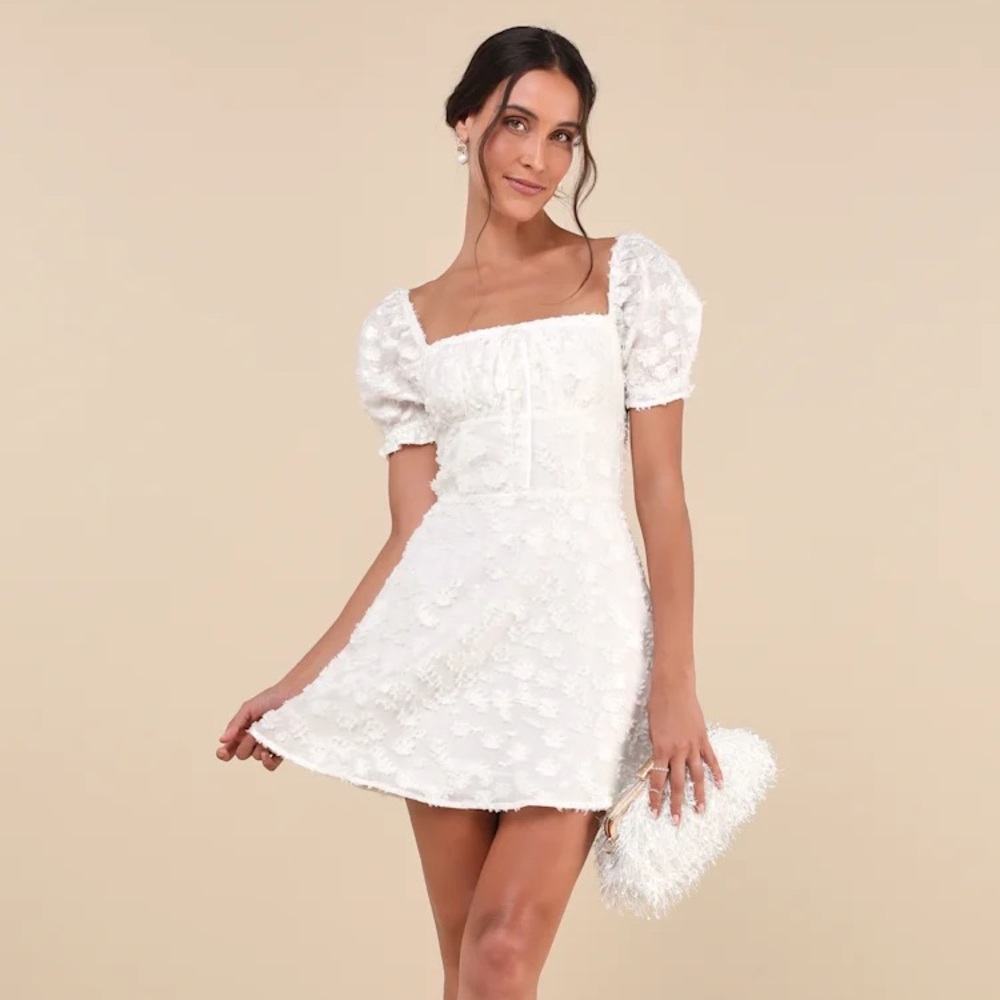 Lulus White Textured Floral Jacquard Mini Dress